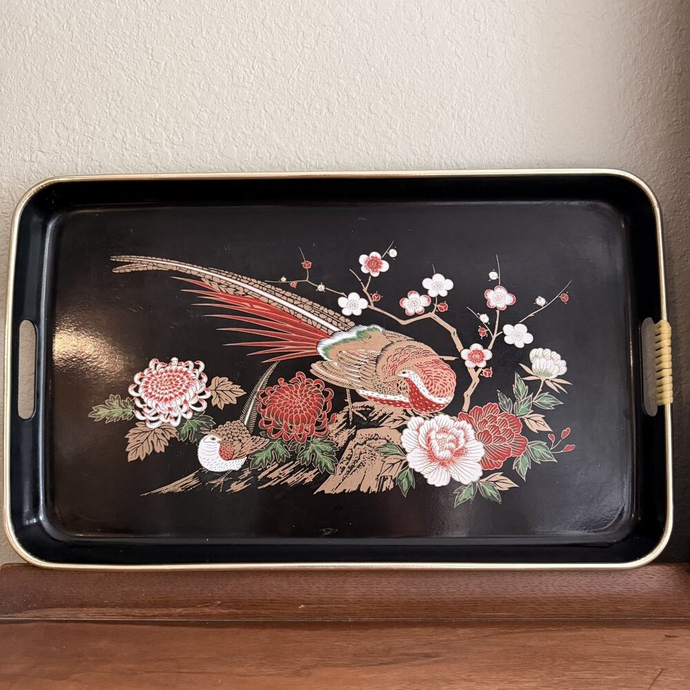Vintage Serving Tray Toyo Black Lacquerware Japan Floral Decor Gilded Trim